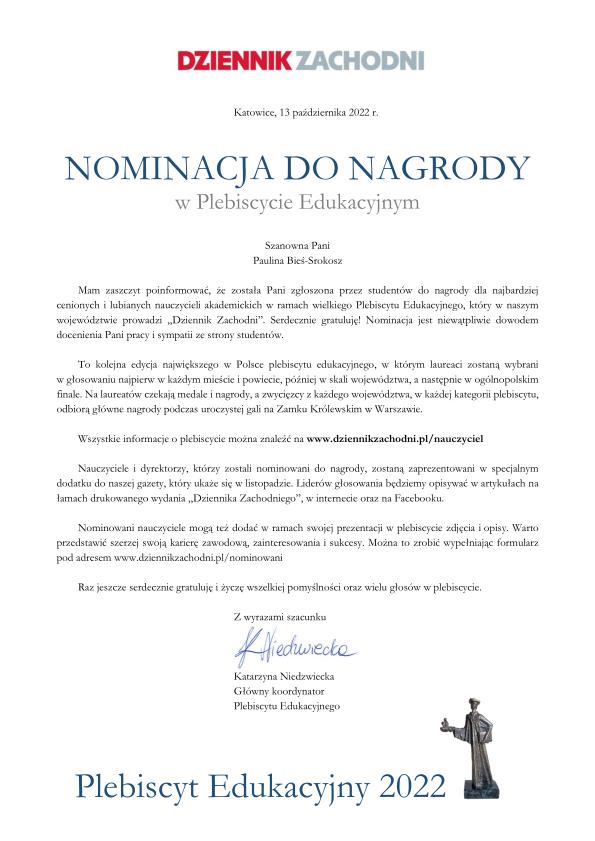 plakat informujący o nominacji do nagrody w plebiscycie edukacyjnym 