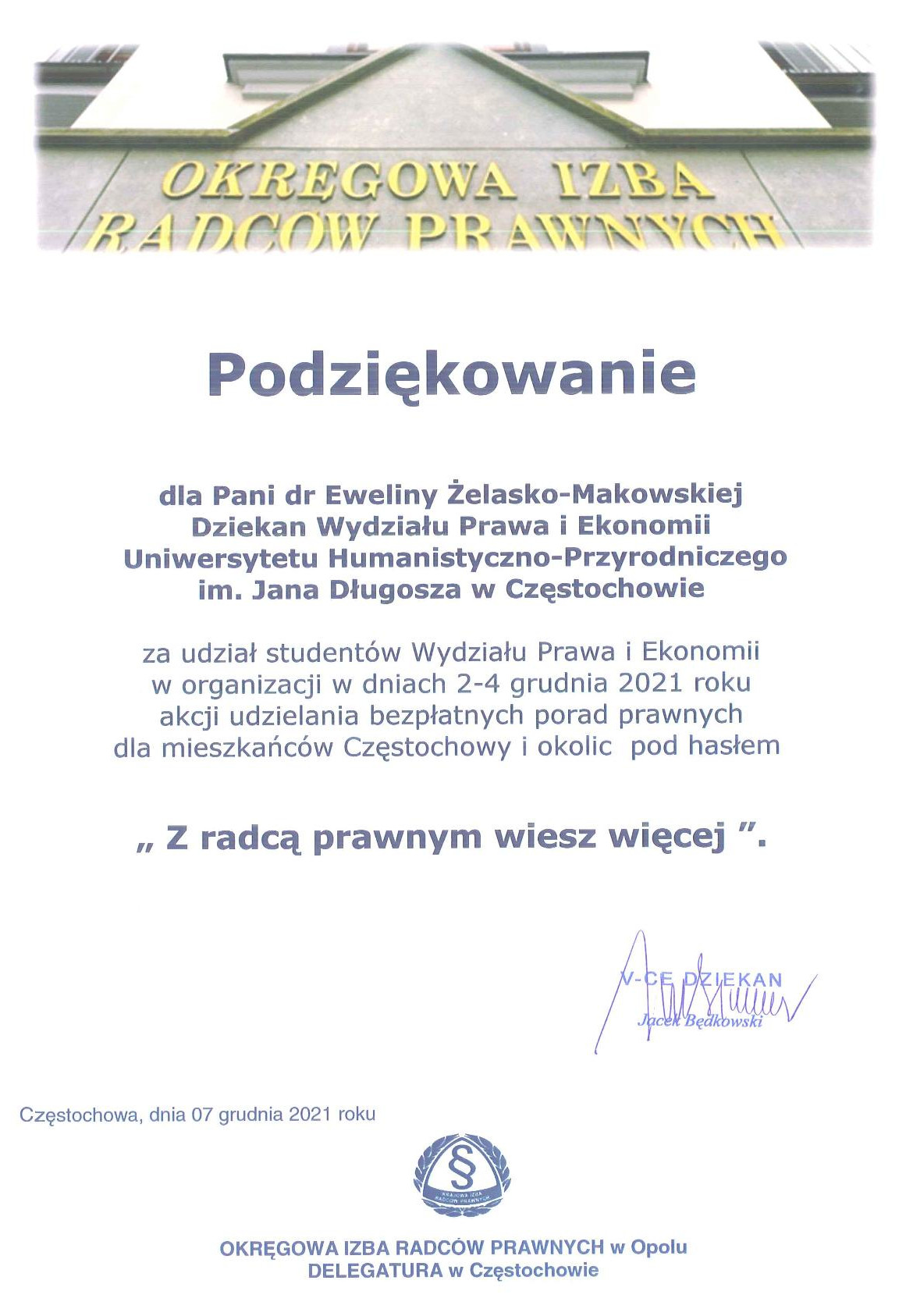 Podziękowanie dla Wydziału Prawa i Ekonomii UJD