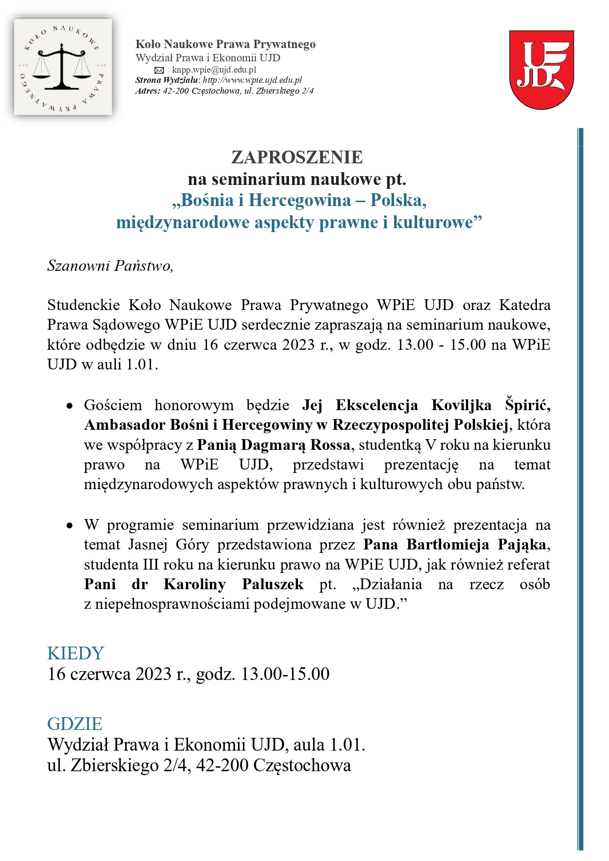 Zaproszenie na seminarium naukowe 